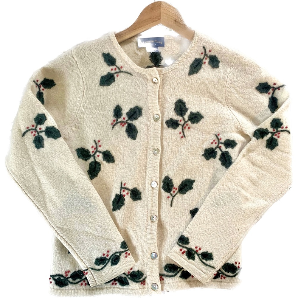 Vintage 100% Wool Holiday Sweater with Holly Leaves
